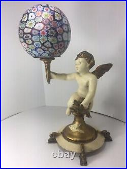 Antique Winged Cherub Lamp Art Deco Millefiori Glass Globe