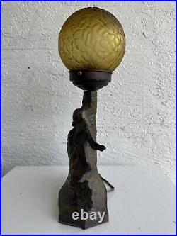 Antique art deco Carioca dancers figural table lamp brain glass shade