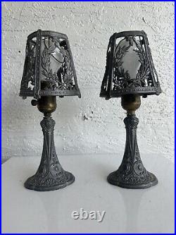 Antique art nouveau deco pewter Boudoir table lamp pair with shades clip on