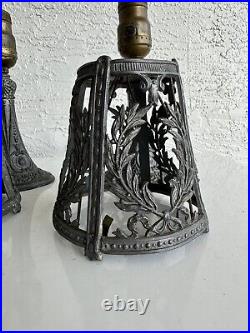 Antique art nouveau deco pewter Boudoir table lamp pair with shades clip on