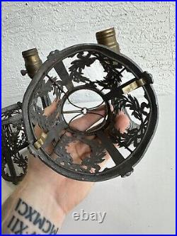 Antique art nouveau deco pewter Boudoir table lamp pair with shades clip on