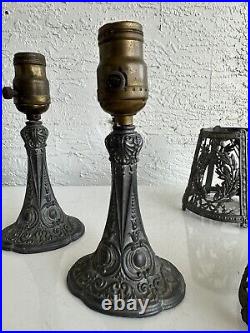 Antique art nouveau deco pewter Boudoir table lamp pair with shades clip on