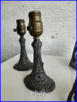 Antique art nouveau deco pewter Boudoir table lamp pair with shades clip on