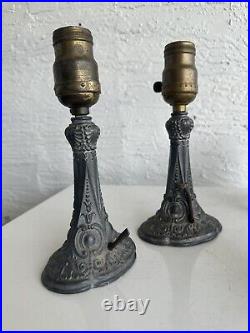 Antique art nouveau deco pewter Boudoir table lamp pair with shades clip on