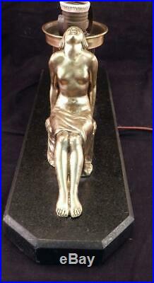 Antique c1930 French Art Deco Bronze Nude Lady Sculpture LampLightSigned JANLE