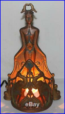 Antique c. 1920 Art Deco A. W. Reiser Lamp Light Egyptian Nude Woman Frankart Era