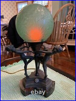 Antique lamp art deco three figure brain globe. Working. FREE SHIPPING