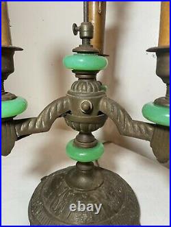 Antique ornate Art Deco cast iron green glass electric candelabra table lamp