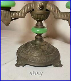 Antique ornate Art Deco cast iron green glass electric candelabra table lamp