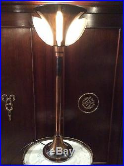 Art Deco 1930 Modernist Coppered Brass Opalescent French Table Lamp Light