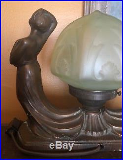 Art Deco 1930's Lamp Double Women Nudes Green Glass Shade Frankart Era