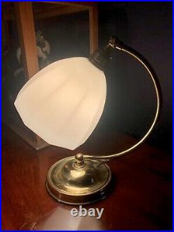 Art Deco 1930s Style Swan Neck Table Lamp Patina brass & Original Glass Shade