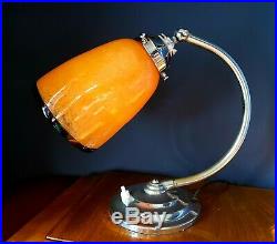 Art Deco 1930s Swan Neck Table Lamp Patina Chrome over brass Glass Shade