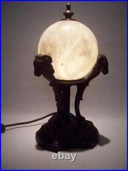 Art Deco Alabaster Rams Head Le Verrier Style Lamp Natural Veining Cord 11