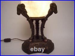 Art Deco Alabaster Rams Head Le Verrier Style Lamp Natural Veining Cord 11