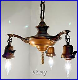 Art Deco Antique 3 Light Brass Pan Chandelier Light Ceiling Fixture Working Cond