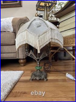Art Deco Antique Boudoir Or Parlor Lamp 2-Bulb Light with Jadeite Glass Accent