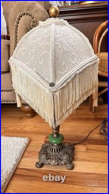 Art Deco Antique Boudoir Or Parlor Lamp 2-Bulb Light with Jadeite Glass Accent