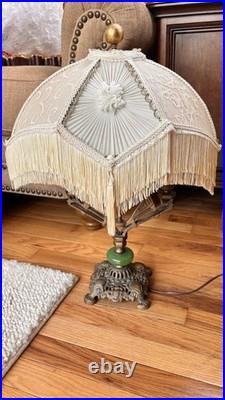 Art Deco Antique Boudoir Or Parlor Lamp 2-Bulb Light with Jadeite Glass Accent