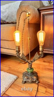 Art Deco Antique Boudoir Or Parlor Lamp 2-Bulb Light with Jadeite Glass Accent
