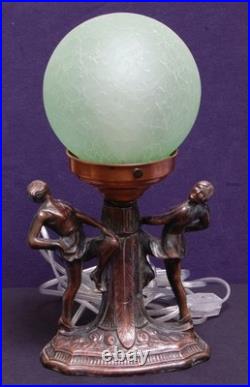 Art Deco Antique Brass Figural Table Lamp With Crackle Glass Globe Refurbished