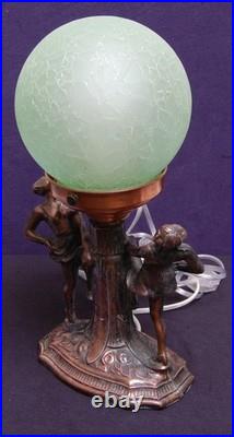 Art Deco Antique Brass Figural Table Lamp With Crackle Glass Globe Refurbished