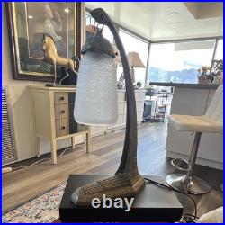 Art Deco Antique Bronze Metal Table Lamp with White Frosted Glass Shade, Corded