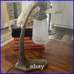Art Deco Antique Bronze Metal Table Lamp with White Frosted Glass Shade, Corded