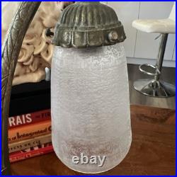 Art Deco Antique Bronze Metal Table Lamp with White Frosted Glass Shade, Corded