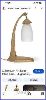 Art Deco Antique Bronze Metal Table Lamp with White Frosted Glass Shade, Corded