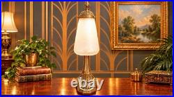 Art Deco Antique Bronze Metal Table Lamp with White Frosted Glass Shade, Corded