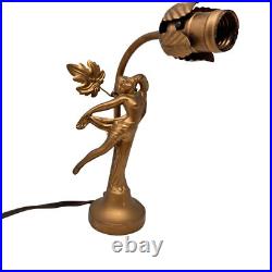 Art Deco Antique Gold Dancer Figural Woman Nymph Table Lamp Leaf Accent 10 Tall