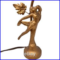 Art Deco Antique Gold Dancer Figural Woman Nymph Table Lamp Leaf Accent 10 Tall