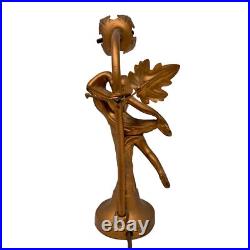 Art Deco Antique Gold Dancer Figural Woman Nymph Table Lamp Leaf Accent 10 Tall