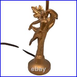 Art Deco Antique Gold Dancer Figural Woman Nymph Table Lamp Leaf Accent 10 Tall