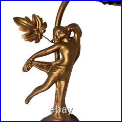 Art Deco Antique Gold Dancer Figural Woman Nymph Table Lamp Leaf Accent 10 Tall
