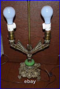 Art Deco Antique Parlor Office Table Lamp 2-Bulb Light with Jadeite Glass Accent