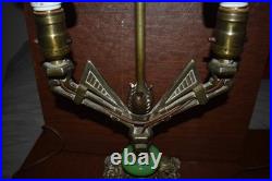 Art Deco Antique Parlor Office Table Lamp 2-Bulb Light with Jadeite Glass Accent