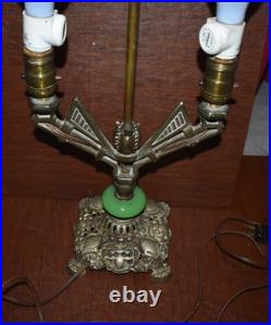Art Deco Antique Parlor Office Table Lamp 2-Bulb Light with Jadeite Glass Accent