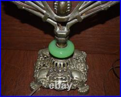 Art Deco Antique Parlor Office Table Lamp 2-Bulb Light with Jadeite Glass Accent