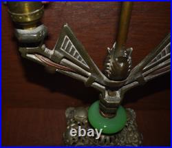 Art Deco Antique Parlor Office Table Lamp 2-Bulb Light with Jadeite Glass Accent