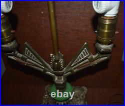 Art Deco Antique Parlor Office Table Lamp 2-Bulb Light with Jadeite Glass Accent