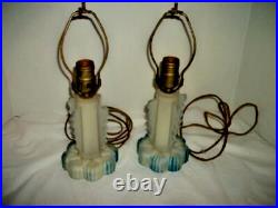 Art Deco Architectural Boudoir Lamps Winged Satin Reverse Glass 1920s Cloth Cord