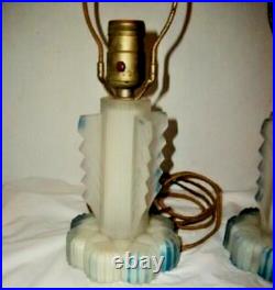 Art Deco Architectural Boudoir Lamps Winged Satin Reverse Glass 1920s Cloth Cord