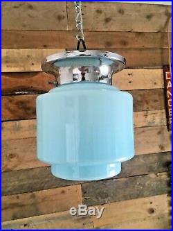 Art Deco Blue Opaline Glass & Chrome Odeon Stepped Ceiling Light Wall Lamp Shade