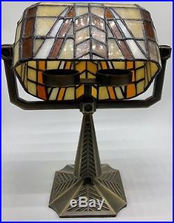 Art Deco Bradley Hubbard Style SLAG Stained GLASS Tea Light Lamp Lead Craftsmen