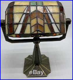 Art Deco Bradley Hubbard Style SLAG Stained GLASS Tea Light Lamp Lead Craftsmen