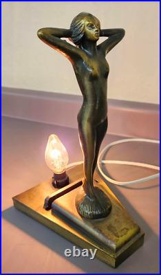 Art Deco Brass Bronze Nude Woman Goddess Nymph Night Light Frankart Style Funky