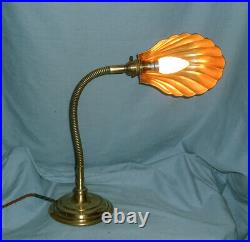 Art Deco Brass Gooseneck Desk / Table Lamp With Clam Shell Shade