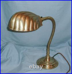 Art Deco Brass Gooseneck Desk / Table Lamp With Clam Shell Shade